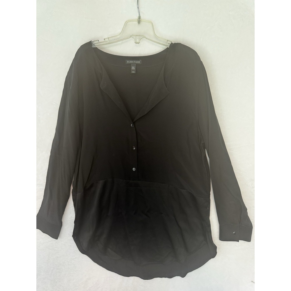Eileen Fisher 100% Silk Tunic Blouse Black Long Sleeve Button M